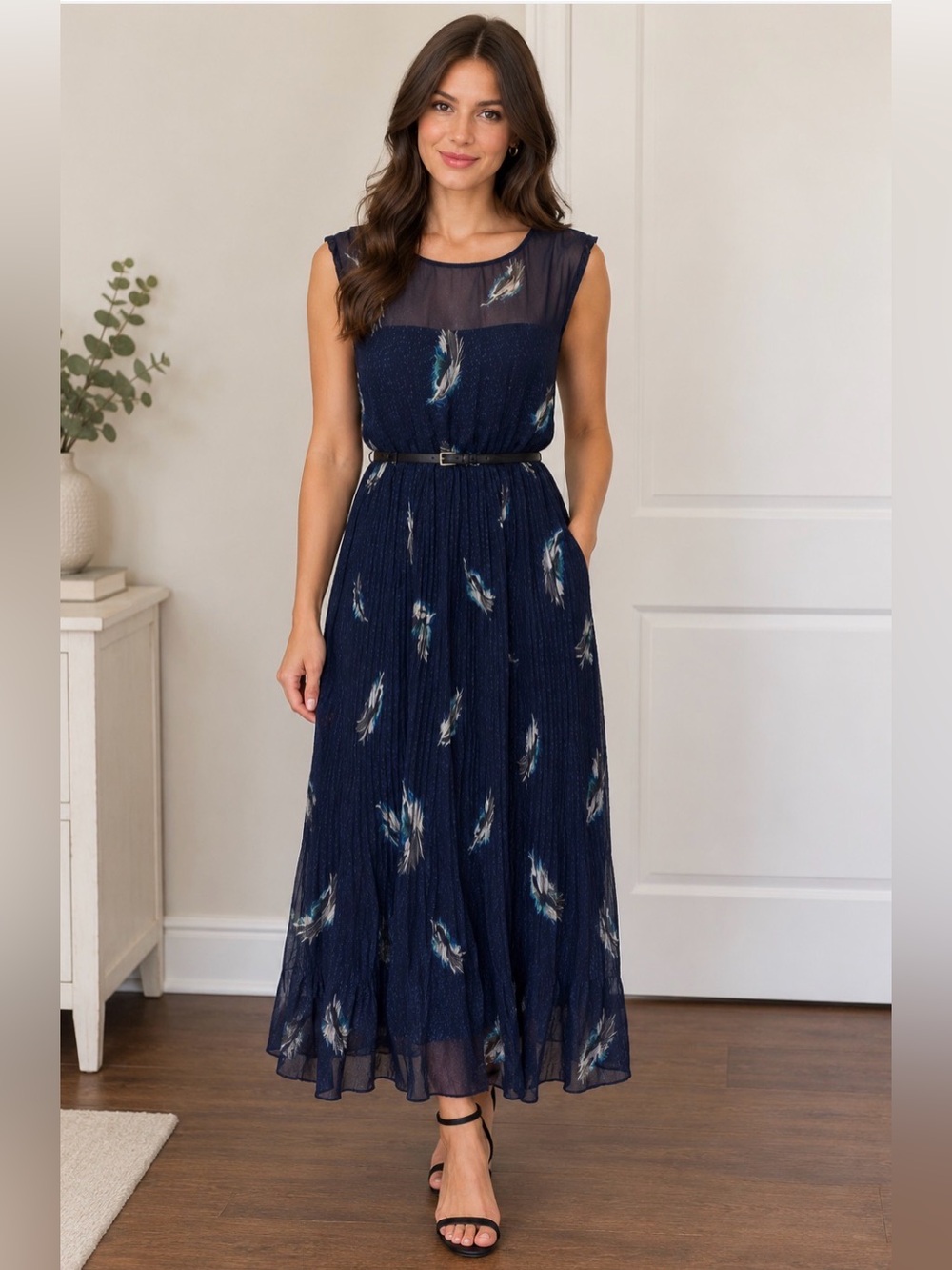 Jessica Howard Navy Feather-Print Pleated Midi Dress Size 12